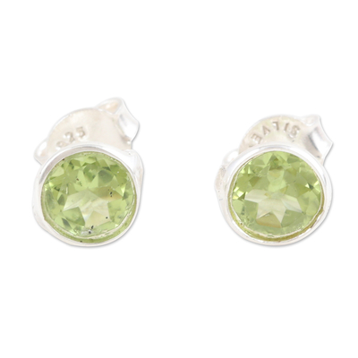 Peridot stud earrings, 'Green Night' - Polished Sterling Silver Peridot Stud Earrings from India