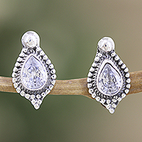 Cubic zirconia button earrings, 'Clarity Drops' - Sterling Silver Button Earrings with Cubic Zirconia Stones