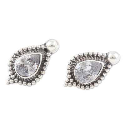 Cubic zirconia button earrings, 'Clarity Drops' - Sterling Silver Button Earrings with Cubic Zirconia Stones