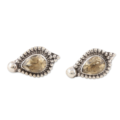 Sterling Silver Button Earrings with Faceted Citrine Stones