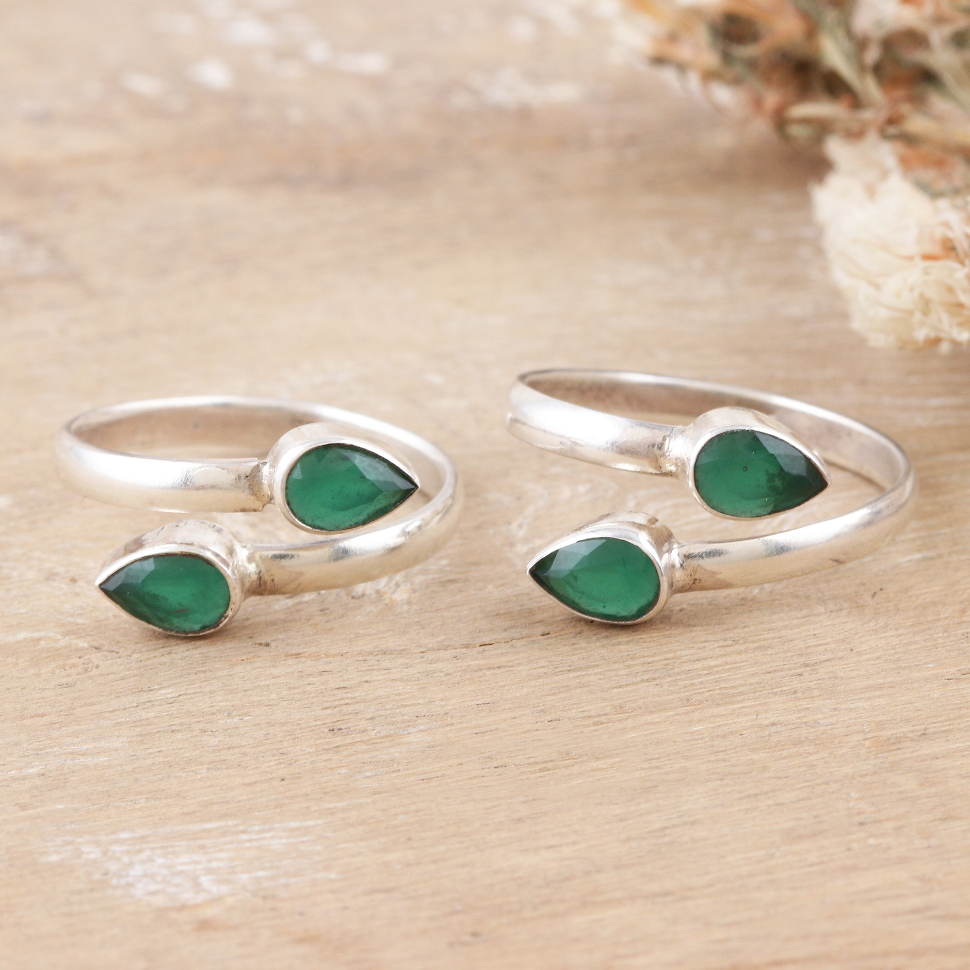Sterling Silver Toe Rings with Green Onyx Stones (Pair) - Mystic
