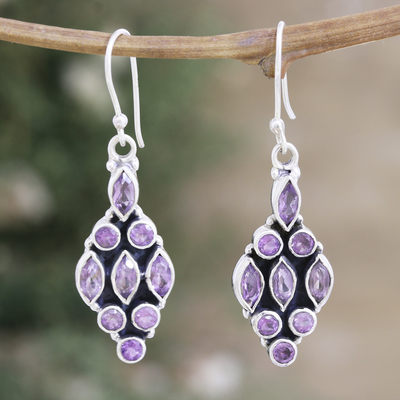 Amethyst dangle earrings, 'Purple Tower' - Sterling Silver Dangle Earrings with 3-Carat Amethyst Gems