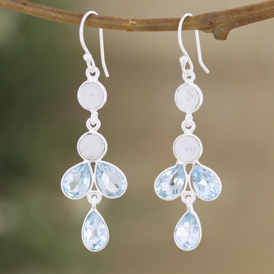 Blue topaz and rainbow moonstone dangle earrings, 'Dreamy Drops' - Blue Topaz Rainbow Moonstone Sterling Silver Dangle Earrings