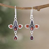 Garnet and carnelian dangle earrings, 'Red Allure' - Garnet Carnelian and Sterling Silver Dangle Earrings
