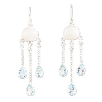 Rainbow moonstone and blue topaz dangle earrings, 'Exquisite Drops' - Rainbow Moonstone Blue Topaz Sterling Silver Dangle Earrings