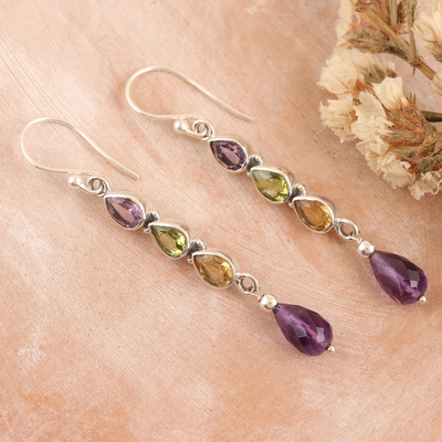 Multi-gemstone dangle earrings, 'Perfect Mix' - 925 Silver Dangle Earrings with Amethyst Peridot and Citrine
