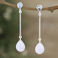 Rainbow moonstone and blue topaz dangle earrings, 'Simply Chic' - Silver Dangle Earrings with Rainbow Moonstone & Blue Topaz