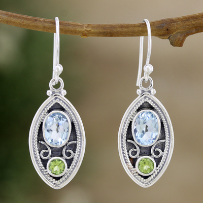 Blue topaz and peridot dangle earrings, 'Simply Irresistible' - Sterling Silver Dangle Earrings with Blue Topaz and Peridot