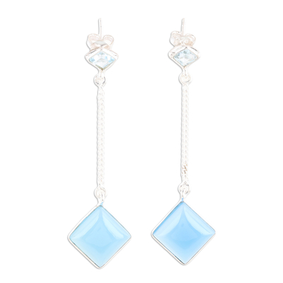 Chalcedony and blue topaz dangle earrings, 'Chic Diamond' - Sterling Silver Dangle Earrings with Chalcedony & Blue Topaz