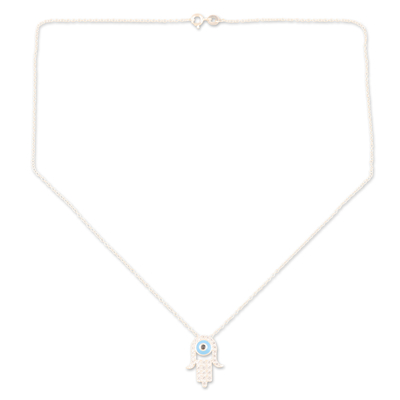 Cubic zirconia pendant necklace, 'Hamsa Blessing' - Sterling Silver Hamsa Pendant Necklace with Cubic Zirconia