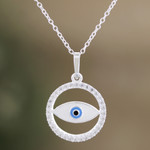 Cubic zirconia pendant necklace, 'Universe Contemplation' - Eye-Shaped Pendant Necklace with Cubic Zirconia Stones