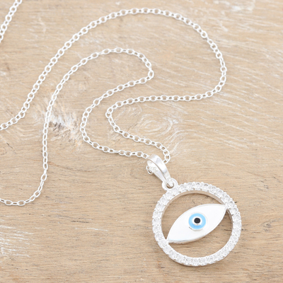 Cubic zirconia pendant necklace, 'Universe Contemplation' - Eye-Shaped Pendant Necklace with Cubic Zirconia Stones