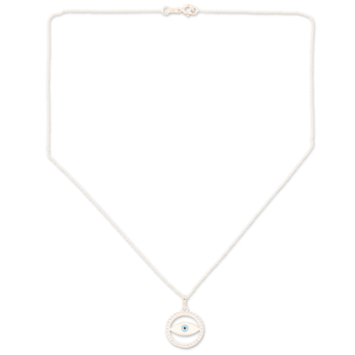 Cubic zirconia pendant necklace, 'Universe Contemplation' - Eye-Shaped Pendant Necklace with Cubic Zirconia Stones