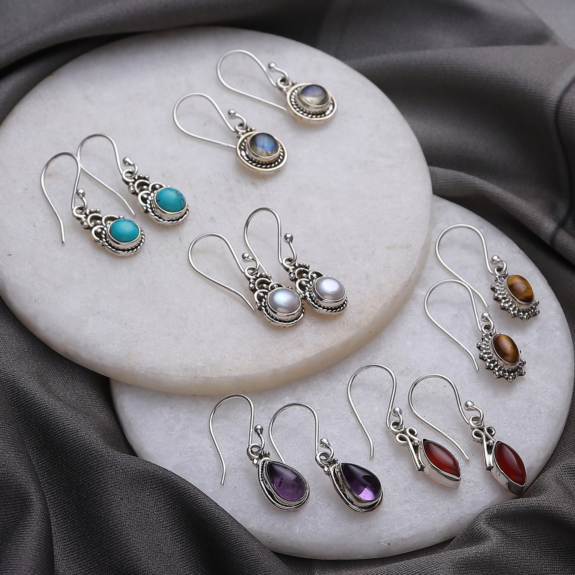 Set of 6 Sterling Silver Gemstone Dangle Earrings from India, 'Everyday  Gems'