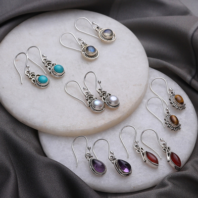 Gemstone dangle earrings, 'Everyday Gems' (set of 6) - Set of 6 Sterling Silver Gemstone Dangle Earrings from India
