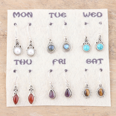 Gemstone dangle earrings, 'Everyday Gems' (set of 6) - Set of 6 Sterling Silver Gemstone Dangle Earrings from India