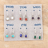 Gemstone dangle earrings, 'Daily Jewels' (set of 6) - Set of 6 Polished Sterling Silver Gemstone Dangle Earrings