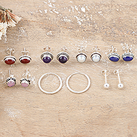 Gemstone earrings, 'Precious Auras' (set of 7) - Set of 7 Polished Sterling Silver Earrings with Gemstones