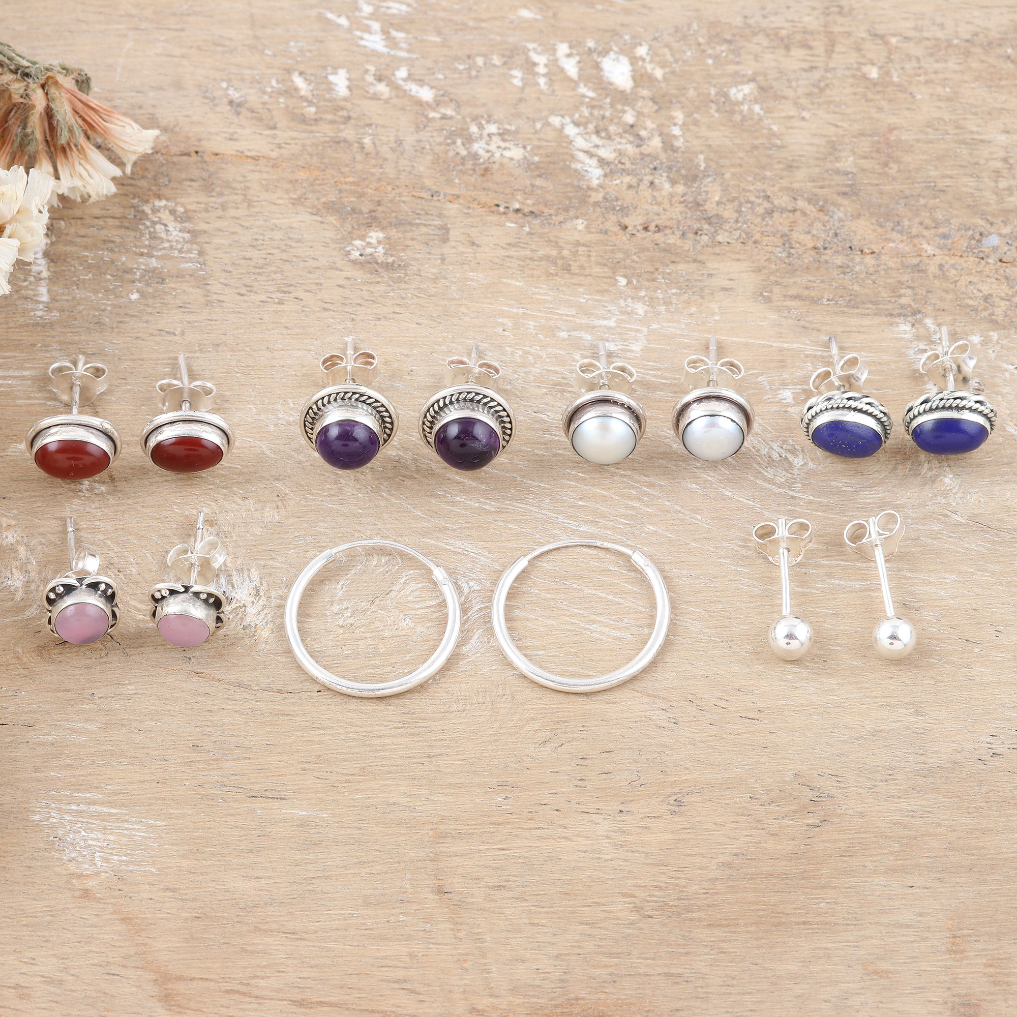 Set of 7 Polished Sterling Silver Earrings with Gemstones - Precious