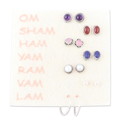 Gemstone earrings, 'Precious Auras' (set of 7) - Set of 7 Polished Sterling Silver Earrings with Gemstones