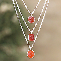 Carnelian strand pendant necklace, 'Lucky Shapes' - Sterling Silver 3-Strand Carnelian Pendant Necklace