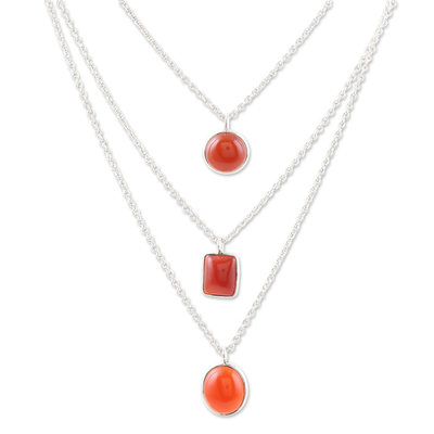 Carnelian strand pendant necklace, 'Lucky Shapes' - Sterling Silver 3-Strand Carnelian Pendant Necklace