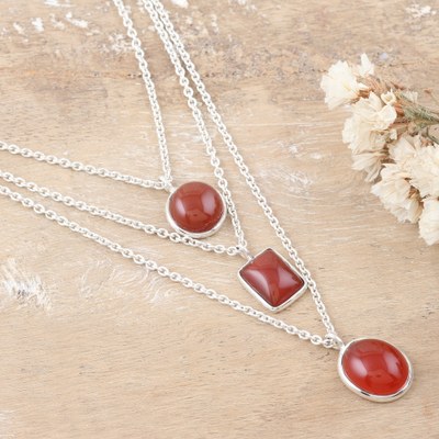 Carnelian strand pendant necklace, 'Lucky Shapes' - Sterling Silver 3-Strand Carnelian Pendant Necklace