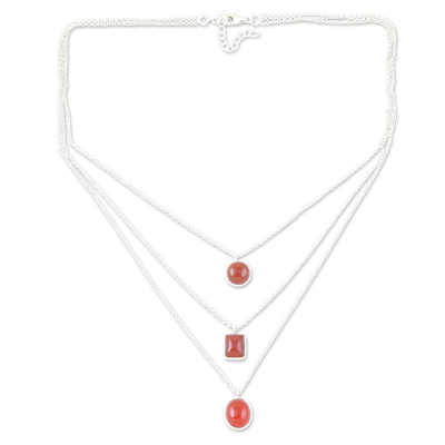 Carnelian strand pendant necklace, 'Lucky Shapes' - Sterling Silver 3-Strand Carnelian Pendant Necklace
