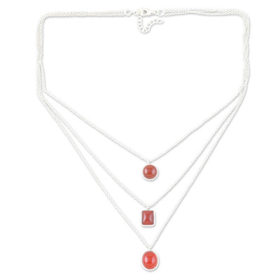 Carnelian strand pendant necklace, 'Lucky Shapes' - Sterling Silver 3-Strand Carnelian Pendant Necklace