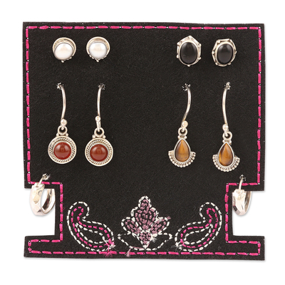 Gemstone earrings, 'Precious Styles' (set of 5) - Set of 5 Sterling Silver Gemstone Earrings Crafted in India