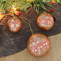 Papier mache ornaments, 'Holiday Leaves' (set of 3) - Set of 3 Papier Mache Ornaments with Red Leafy Details