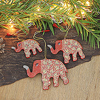 Wood ornaments, 'Kashmir Elephants' (set of 3) - Set of 3 Wood Elephant Ornaments Hand-Painted in Red Hues