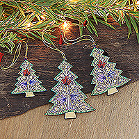 Wood ornaments, 'Blue Forest' (set of 3) - Set of 3 Wood Tree Ornaments in Blue and Green Shades