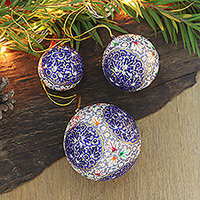 Papier mache ornaments, 'Holiday Buds' (set of 3) - Set of 3 Papier Mache Ornaments with Blue Floral Details