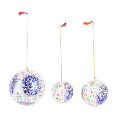 Papier mache ornaments, 'Holiday Buds' (set of 3) - Set of 3 Papier Mache Ornaments with Blue Floral Details