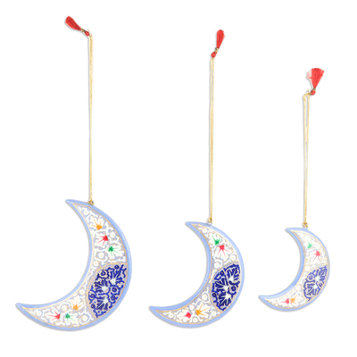 Wood ornaments, 'Blue Night' (set of 3) - Set of 3 Blue Wood Moon Ornaments Handcrafted in India