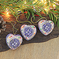Papier mache ornaments, 'Blue Romance' (set of 3) - Set of 3 Papier Mache Heart Ornaments Hand-Painted in India