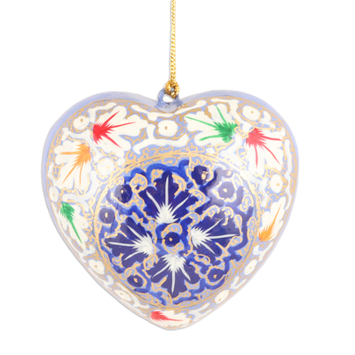 Papier mache ornaments, 'Blue Romance' (set of 3) - Set of 3 Papier Mache Heart Ornaments Hand-Painted in India