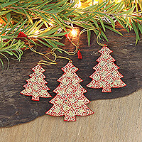 Wood ornaments, 'Kashmir Nature' (set of 3) - Set of 3 Wood Tree Ornaments in Red and Gold Shades
