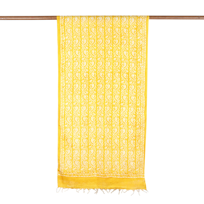Yellow Silk Shawl with Hand-Block Printed Paisley Pattern