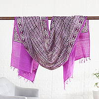 Silk shawl, 'Magenta Maiden' - Vibrant Silk Shawl with Hand-Block Printed Geometric Pattern