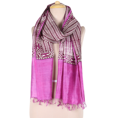Silk shawl, 'Magenta Maiden' - Vibrant Silk Shawl with Hand-Block Printed Geometric Pattern