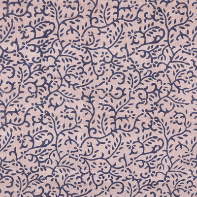Silk shawl, 'Sapphire Prosperity' - Blue Silk Shawl with Hand-Block Printed Vine Pattern