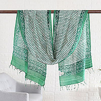 Silk shawl, 'Emerald Bliss' - Green Silk Shawl with Hand-Block Printed Leafy Pattern