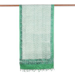 Silk shawl, 'Emerald Bliss' - Green Silk Shawl with Hand-Block Printed Leafy Pattern