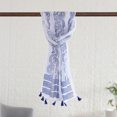 Cotton shawl, 'Sapphire Manor' - Block-Printed Cotton Shawl with Blue Details and Tassels