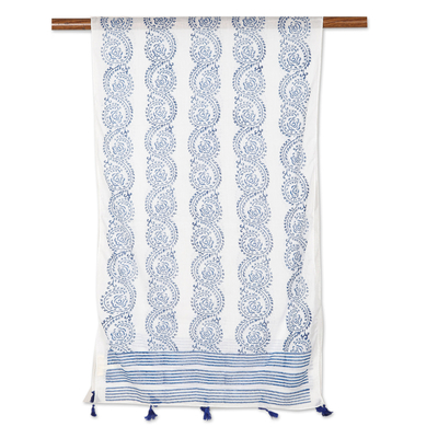Cotton shawl, 'Sapphire Manor' - Block-Printed Cotton Shawl with Blue Details and Tassels