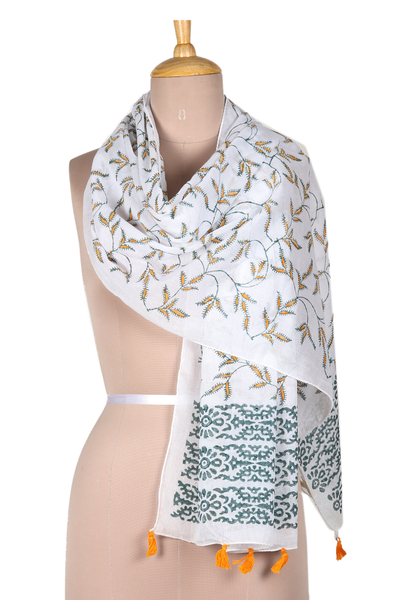 Block-Printed Cotton Shawl with Leafy and Floral Pattern