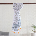 Cotton shawl, 'Safron Vines' - Block-Printed Cotton Shawl with Leafy and Floral Pattern