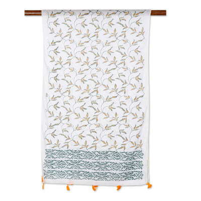 Cotton shawl, 'Safron Vines' - Block-Printed Cotton Shawl with Leafy and Floral Pattern